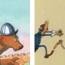 A gauche, la couverture anglaise (The Boy, the bear, the baron and the bard chez Allen & Urwin), à droite, la publication chez Dargaud